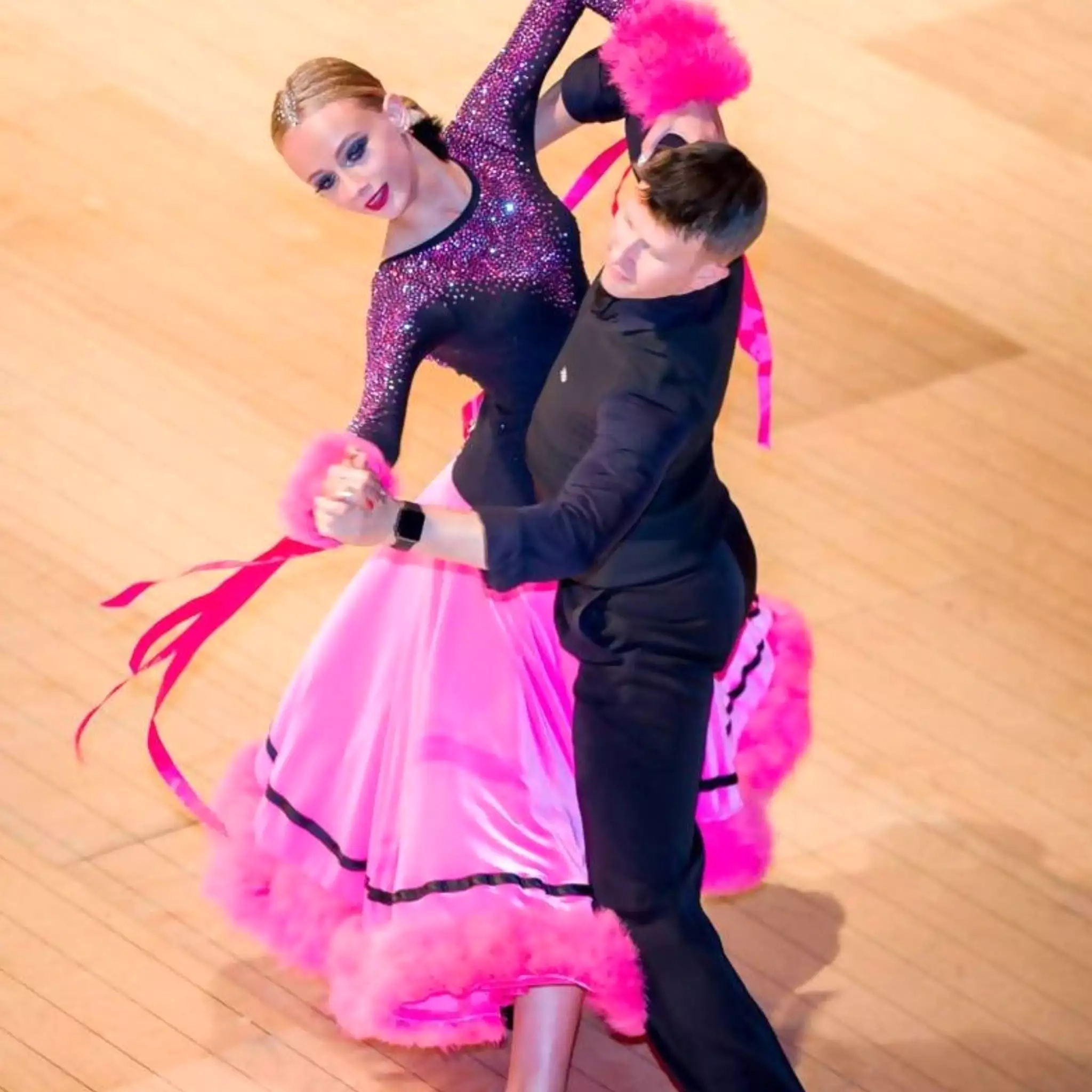 Pink and Black Ballroom Dress with Feathers