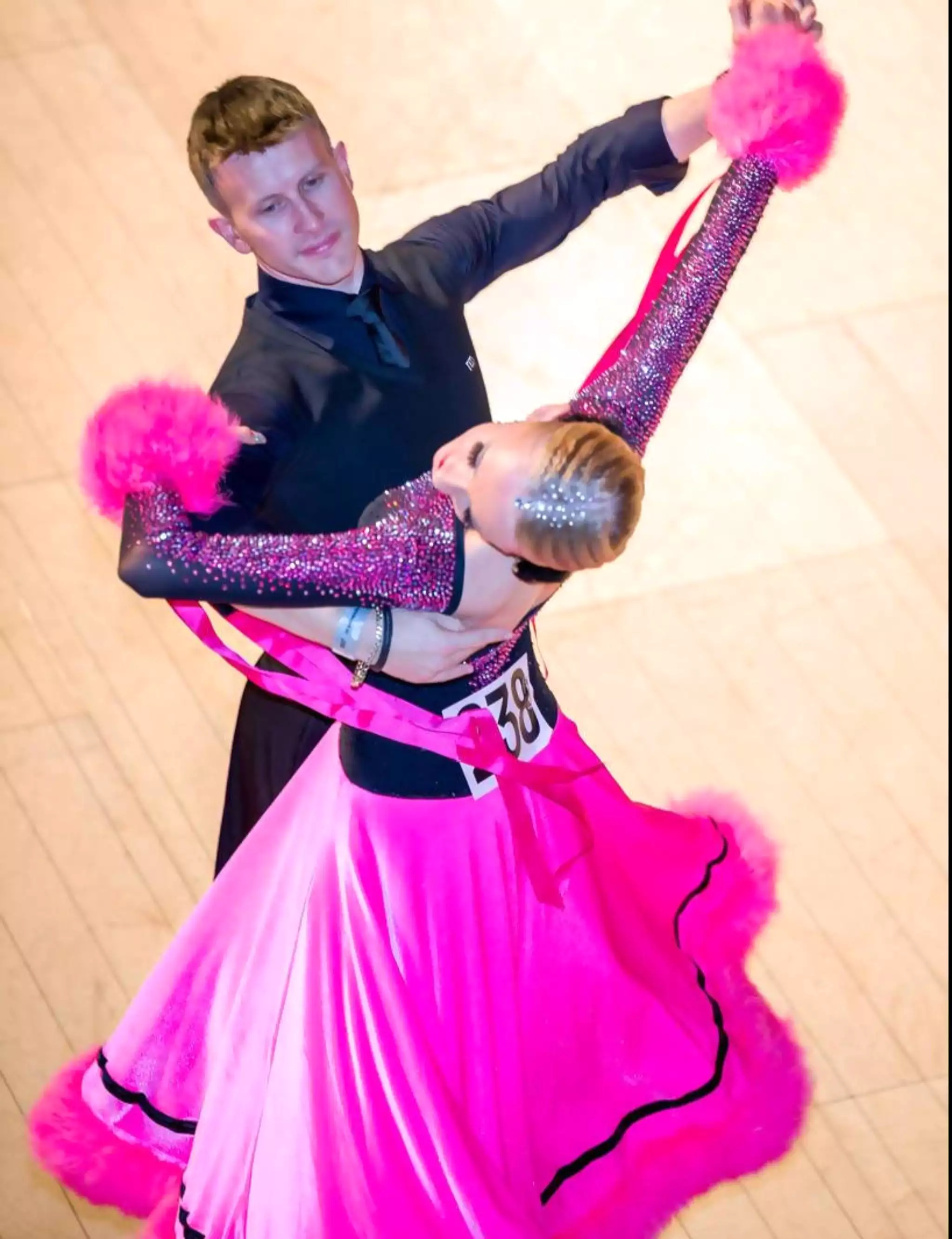 Pink and Black Ballroom Dress with Feathers