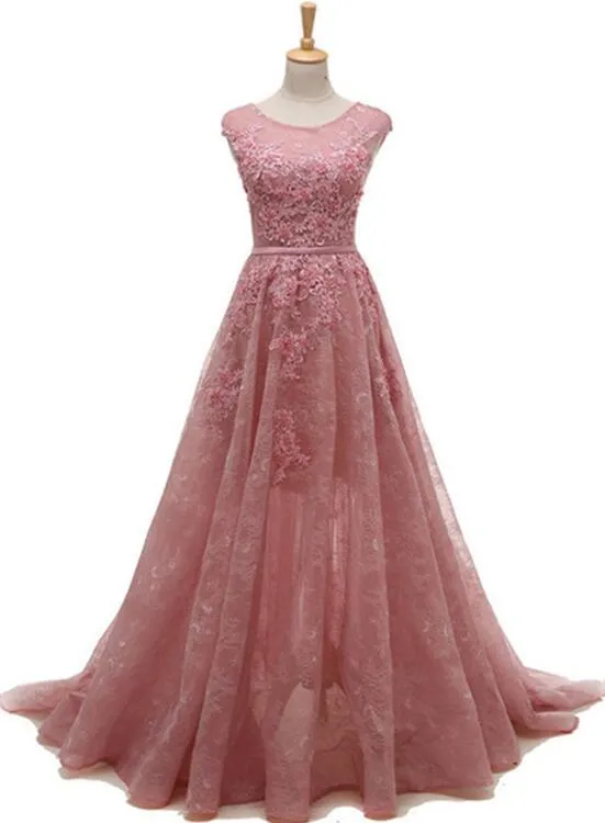 2018 Pink Lace Prom Dresses, Pink Party Gowns for Prom