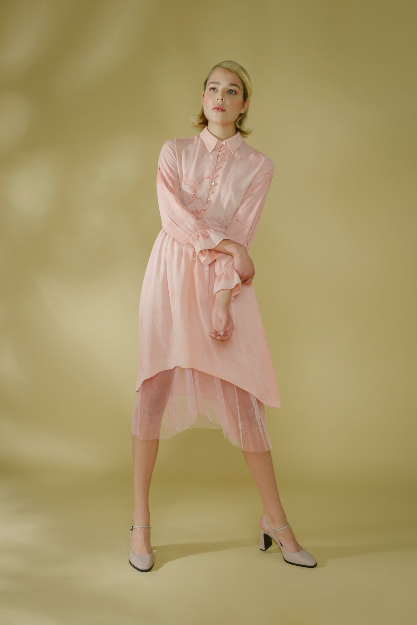 Pink Marbled Silk Button Up Dress