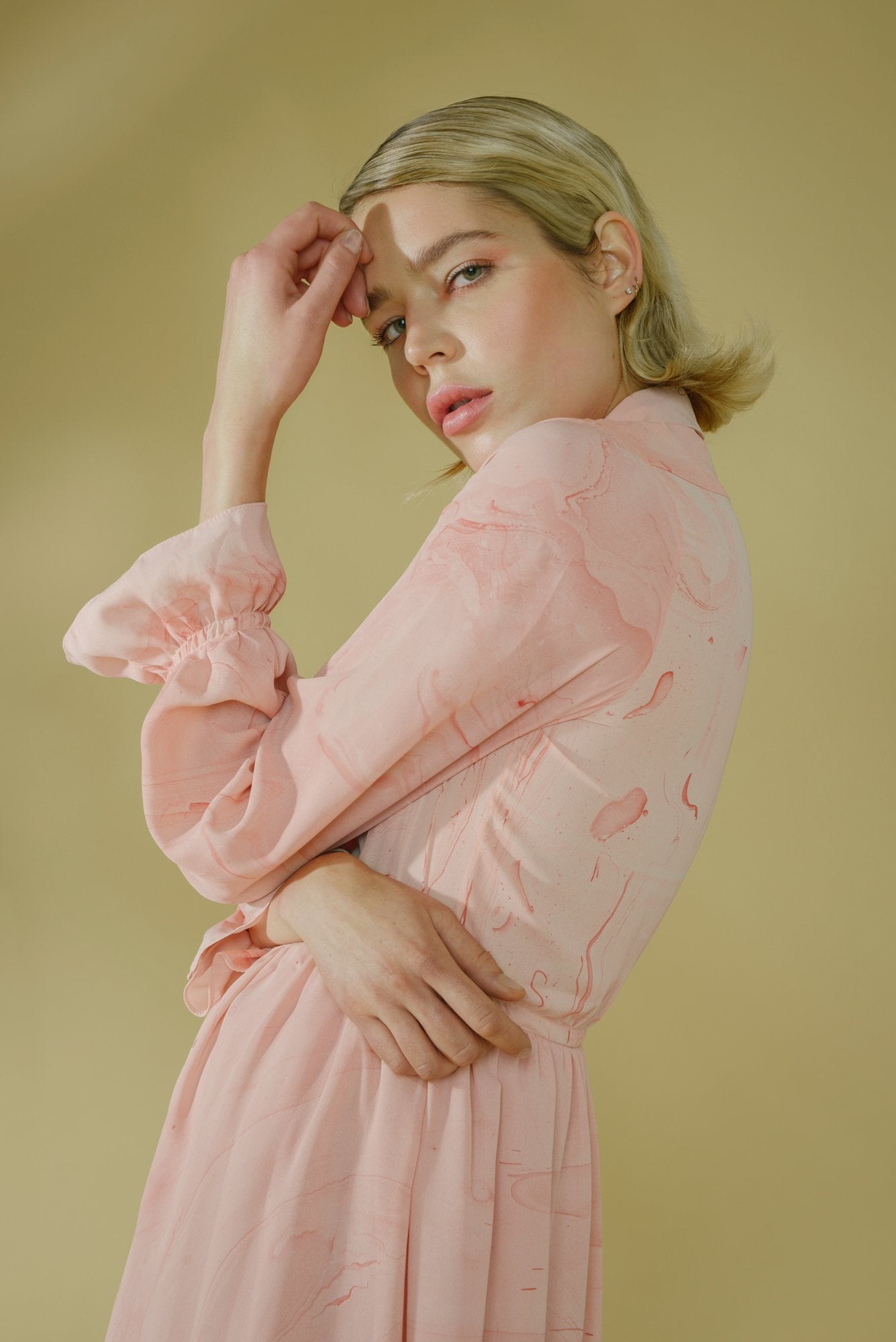 Pink Marbled Silk Button Up Dress