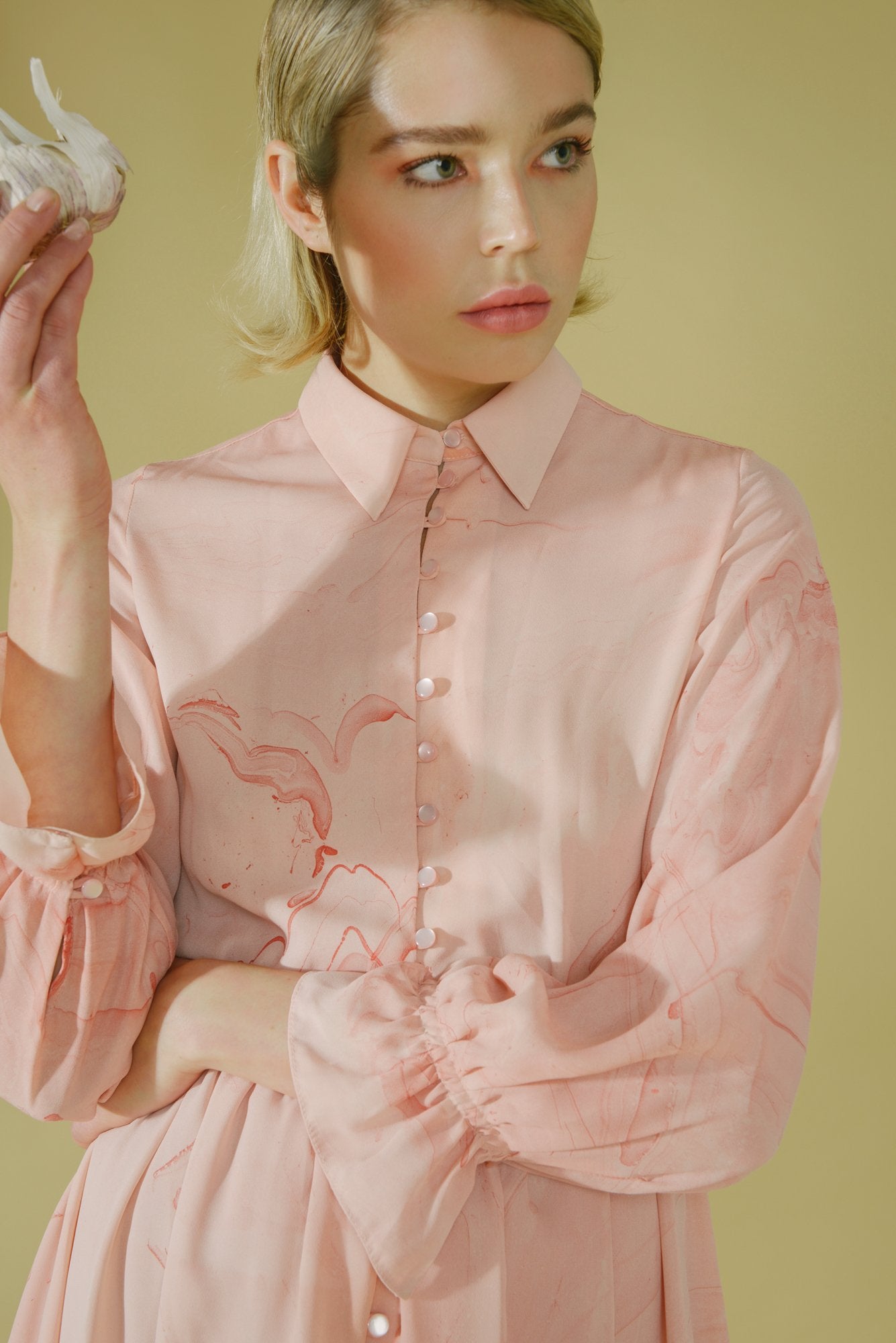 Pink Marbled Silk Button Up Dress