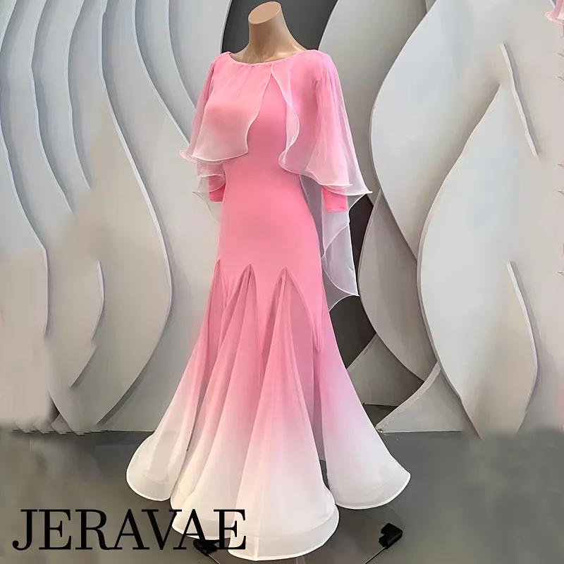 Pink White Ombré Ballroom Practice Dress 3/4 Length Sleeves Capelet Ribbon Tie Back PRA 1016 (on Sale)