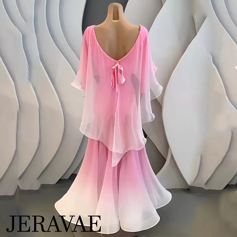 Pink White Ombré Ballroom Practice Dress 3/4 Length Sleeves Capelet Ribbon Tie Back PRA 1016 (on Sale)