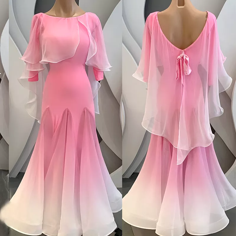 Pink White Ombré Ballroom Practice Dress 3/4 Length Sleeves Capelet Ribbon Tie Back PRA 1016 (on Sale)