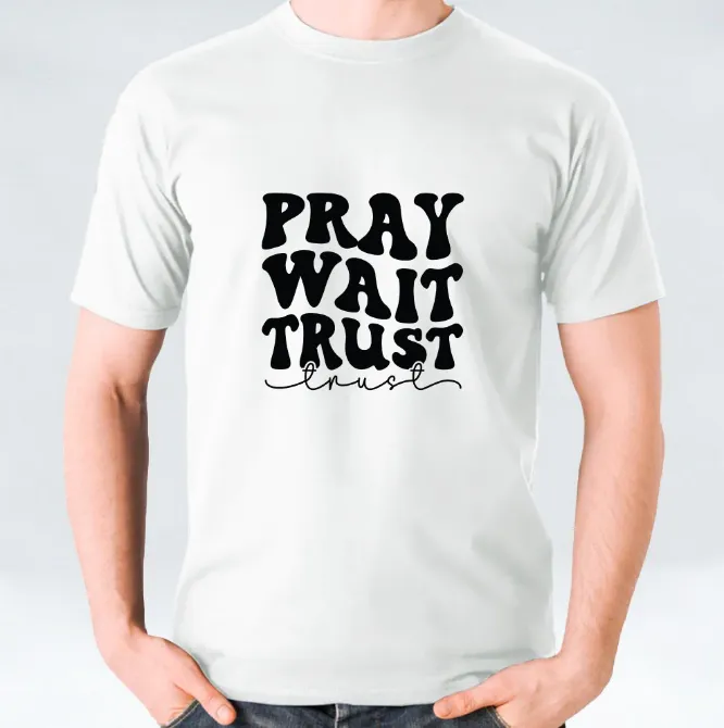 White, Black, and Maroon Pray Wait Trust T-shirt