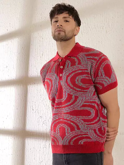 red abstract knitted polo shirt