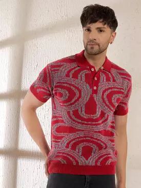 red abstract knitted polo shirt