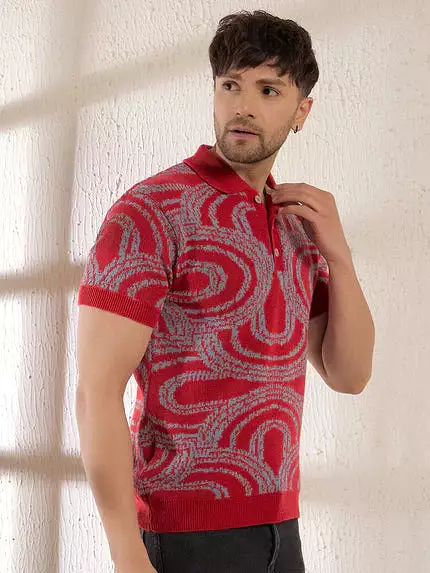 red abstract knitted polo shirt