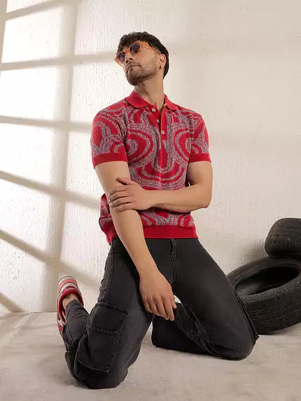 red abstract knitted polo shirt