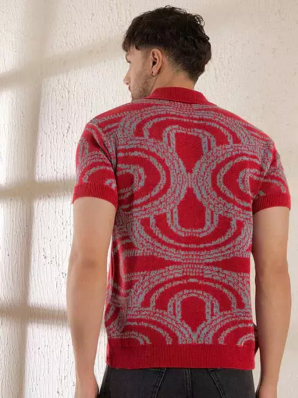 red abstract knitted polo shirt