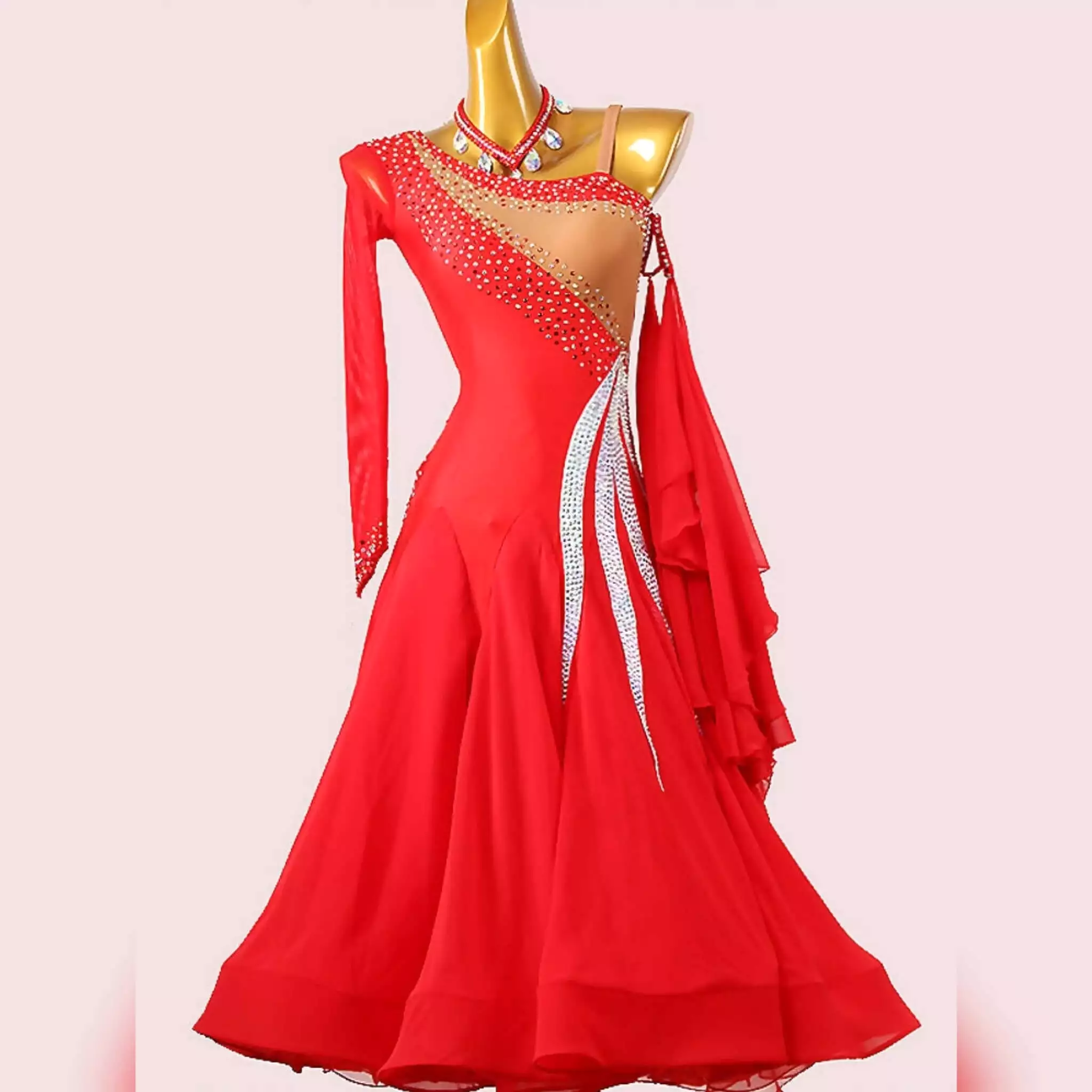 Red Ballroom Dress with One Sleeve | MD1236