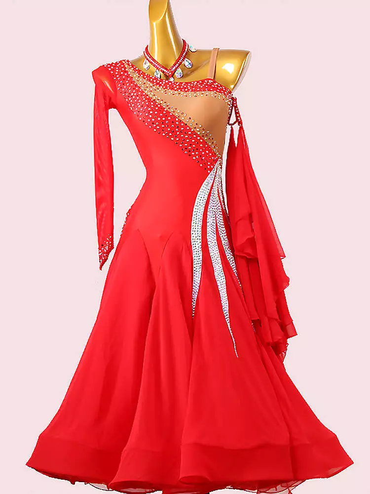 Red Ballroom Dress with One Sleeve | MD1236