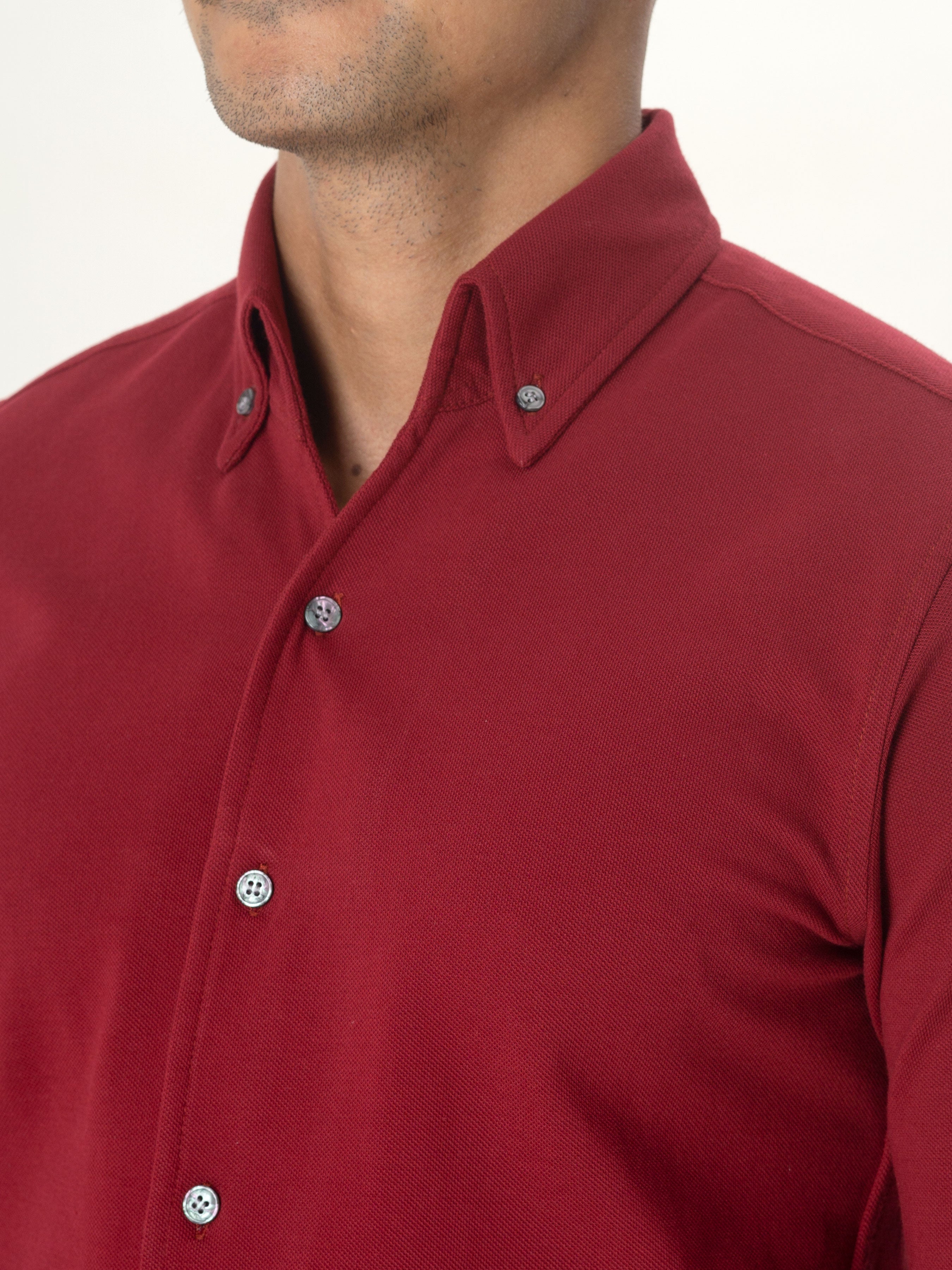 Red Burgundy Long Sleeve Polo Shirt Button Down