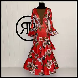 Red floral print ballroom dress.