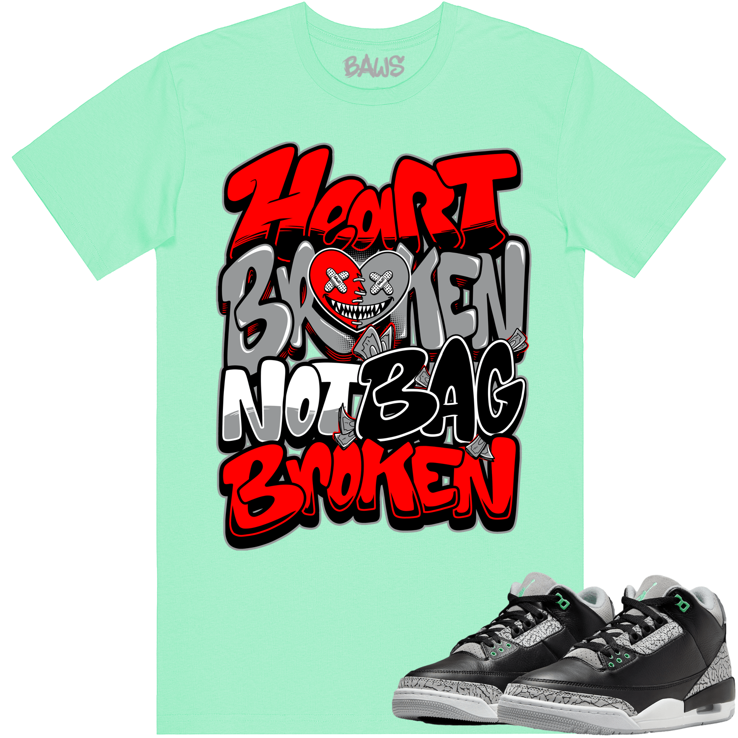 Red Heart Broken Baws Shirt - Styled for Jordan 3 Green Glow 3s