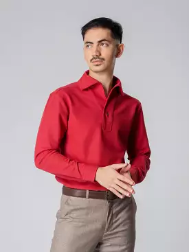 Red long sleeve polo shirt with one-piece collar and single button.