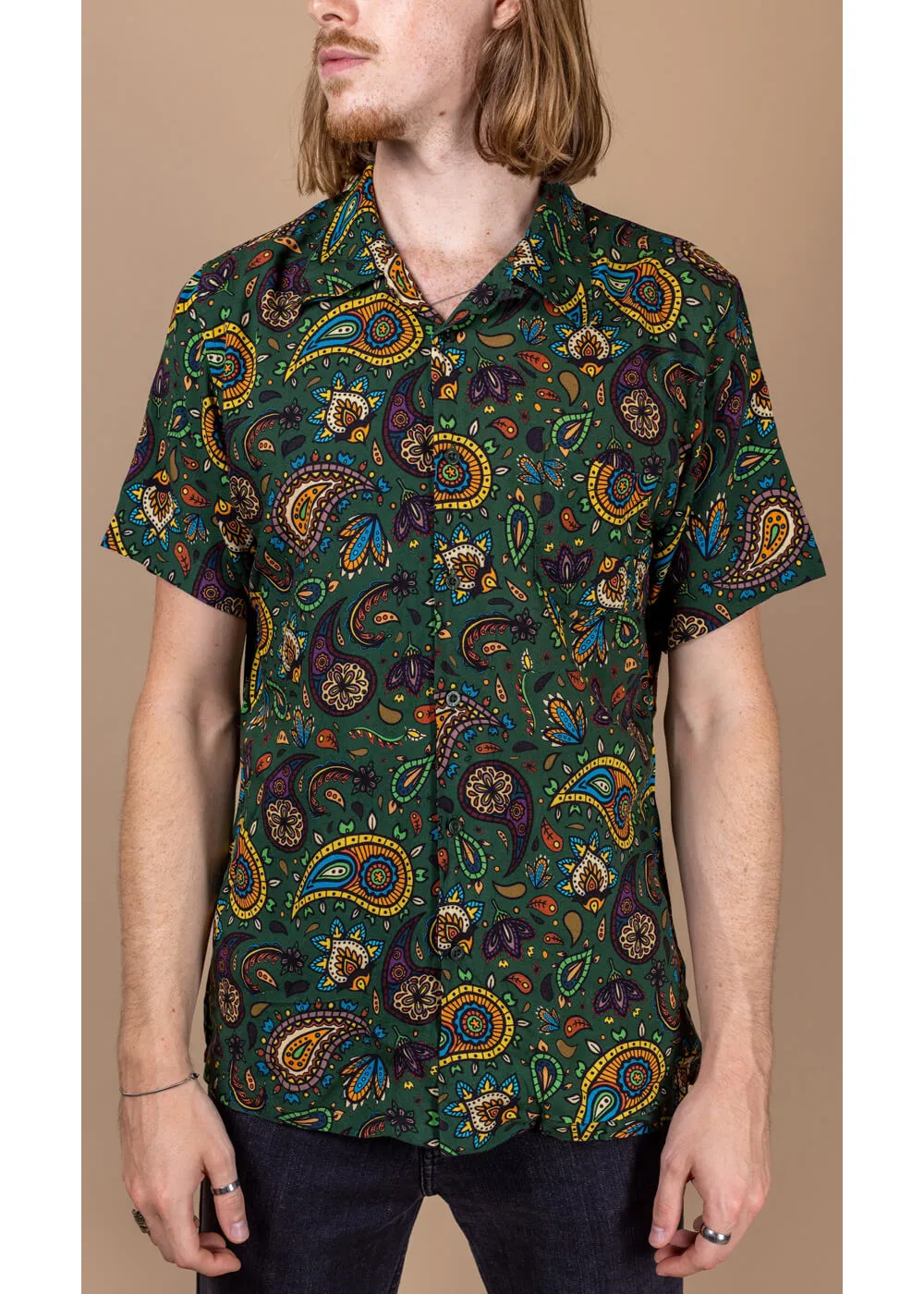 Men's Green Paisley Rayon Shirt by Run & Fly