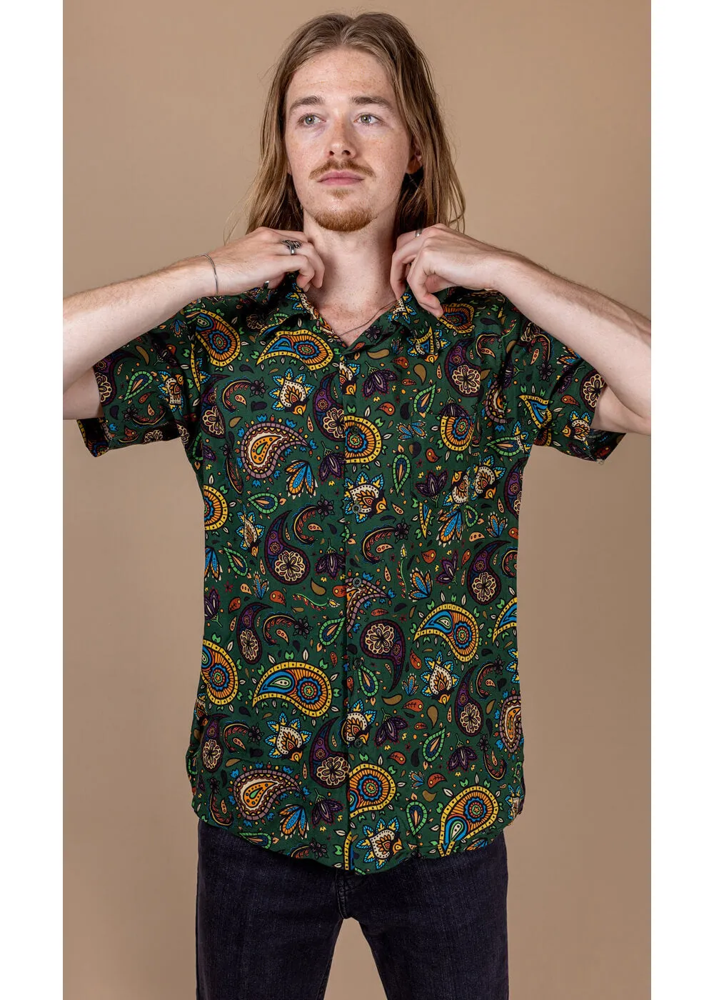 Men's Green Paisley Rayon Shirt by Run & Fly