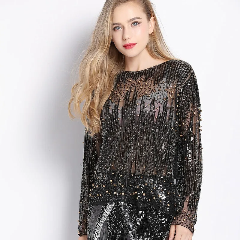 Runway Sexy Sequined Bead Sheer Mesh Lace Long Sleeve Shirt Diamonds Embroidery Embellished Blouse Top Tunic Vintage Women