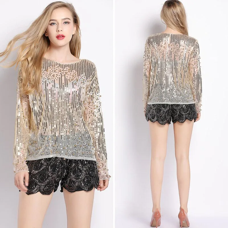 Runway Sexy Sequined Bead Sheer Mesh Lace Long Sleeve Shirt Diamonds Embroidery Embellished Blouse Top Tunic Vintage Women