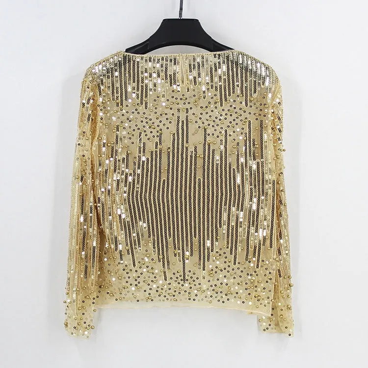 Runway Sexy Sequined Bead Sheer Mesh Lace Long Sleeve Shirt Diamonds Embroidery Embellished Blouse Top Tunic Vintage Women