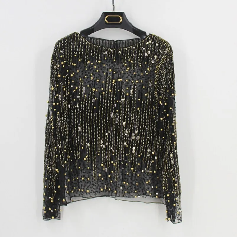 Runway Sexy Sequined Bead Sheer Mesh Lace Long Sleeve Shirt Diamonds Embroidery Embellished Blouse Top Tunic Vintage Women