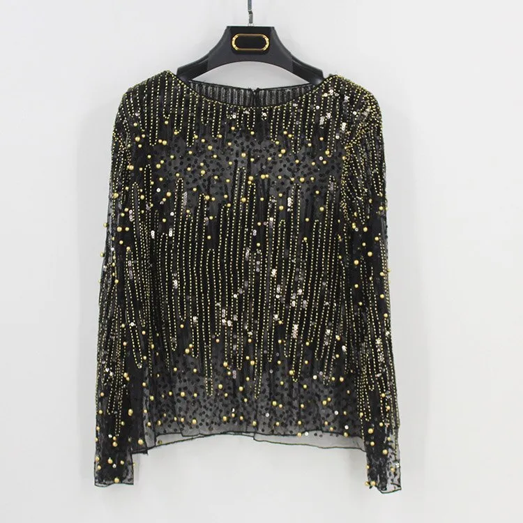 Runway Sexy Sequined Bead Sheer Mesh Lace Long Sleeve Shirt Diamonds Embroidery Embellished Blouse Top Tunic Vintage Women