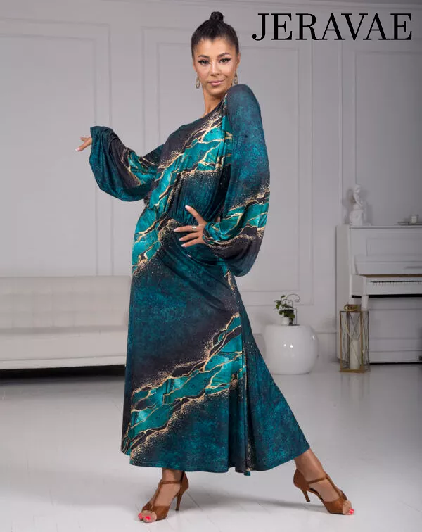 Senga Dancewear - TRIBAL Turquoise and Gold Pattern Ballroom Practice Dress with Lantern Sleeves, Elastic Waistline, and Soft He