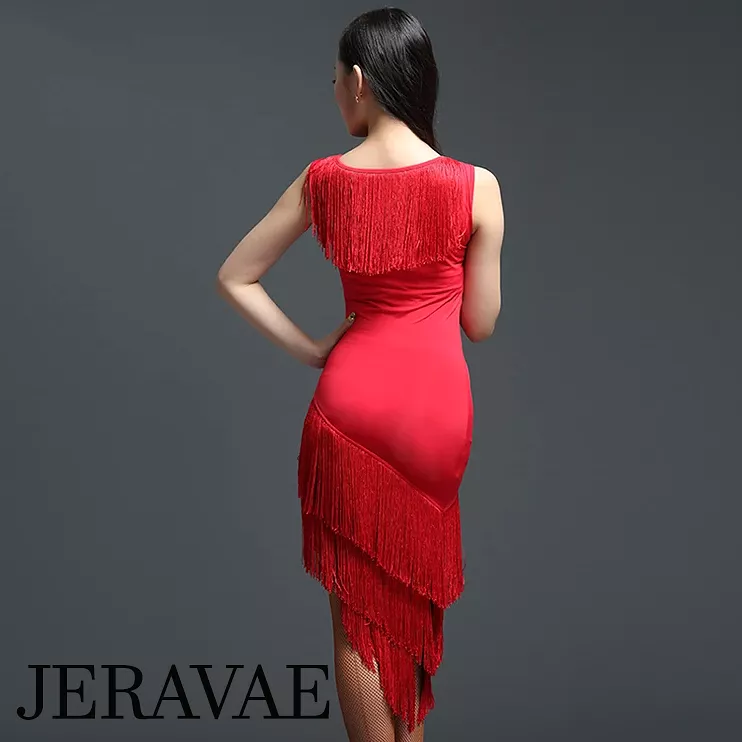 Sleeveless Red Latin Dress with Fringe and Asymmetrical Hem (PRA 1083) - Sale