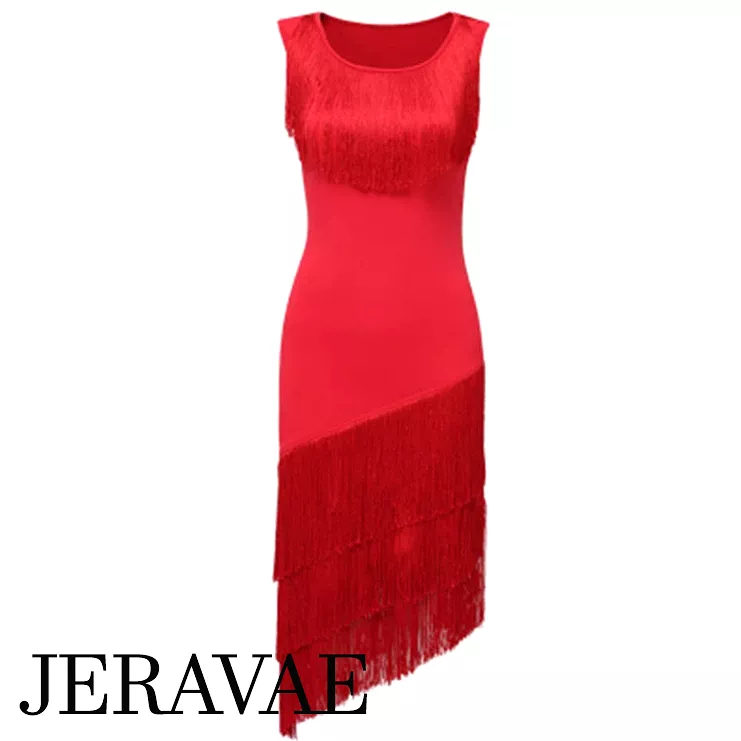 Sleeveless Red Latin Dress with Fringe and Asymmetrical Hem (PRA 1083) - Sale