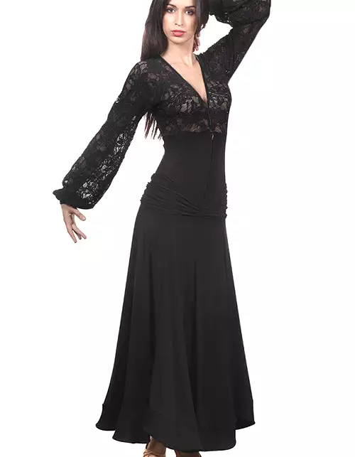 Victoria Blitz Black Ballroom Practice Dress V-Neckline Stretch Lace Top Front Zipper PRA 1013 Stock