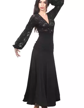 Victoria Blitz Black Ballroom Practice Dress V-Neckline Stretch Lace Top Front Zipper PRA 1013 Stock