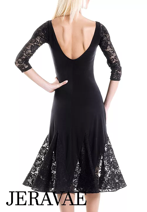 Victoria Blitz black Latin practice dress with lace inserts, 3/4 sleeves, and high slit - PRA 1015 in stock.