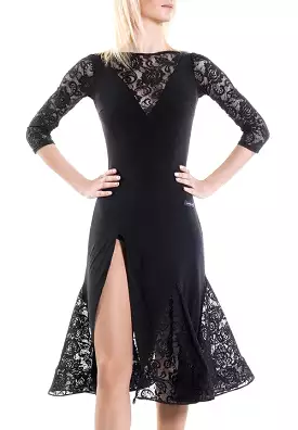 Victoria Blitz black Latin practice dress with lace inserts, 3/4 sleeves, and high slit - PRA 1015 in stock.