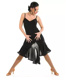 Victoria Blitz Black Sleeveless Latin Dance Dress with V-Neck and Asymmetrical Hem, In Stock