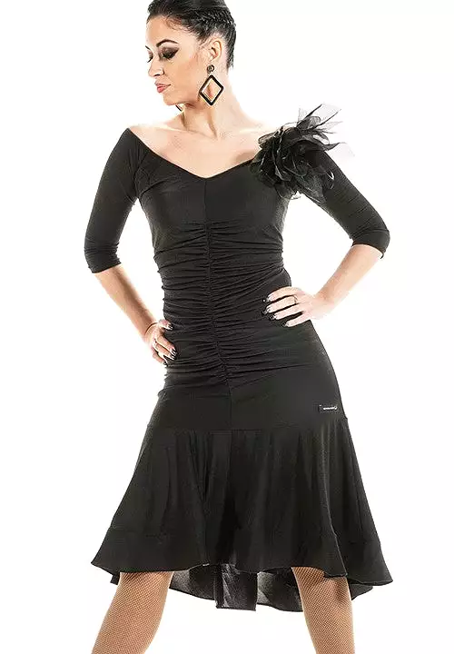 Victoria Blitz Latin Practice Dress Black V-Neck Rouching Half Sleeves Mesh Decoration Stock.