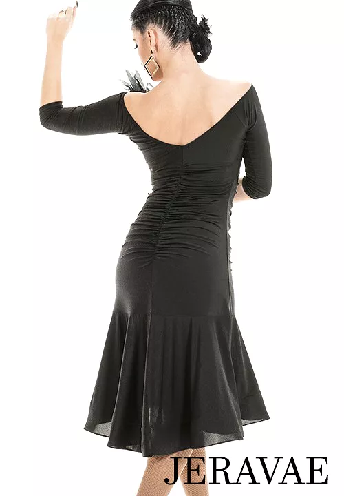 Victoria Blitz Latin Practice Dress Black V-Neck Rouching Half Sleeves Mesh Decoration Stock.