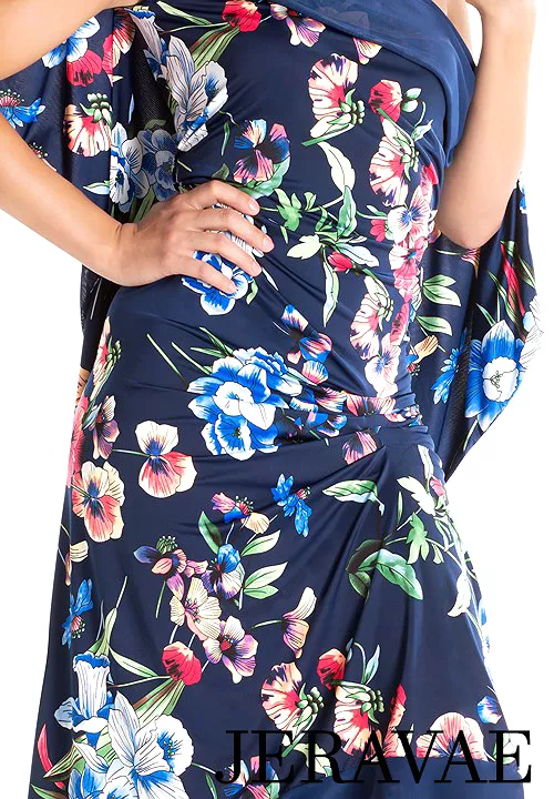 Victoria Blitz MANTOVA Navy Blue Floral Latin Practice Dress - Drape Neckline & Back, Sizes XS-3XL PRA 997 S.