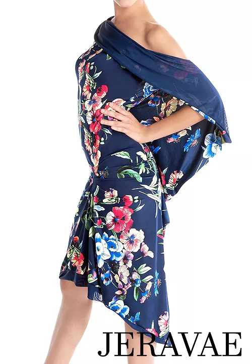 Victoria Blitz MANTOVA Navy Blue Floral Latin Practice Dress - Drape Neckline & Back, Sizes XS-3XL PRA 997 S.