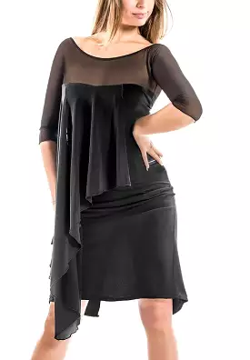 Victoria Blitz SCOZZA Black Latin Dress with 3/4 Sleeves and See-Through Wrap Around Layer - PRA 1014 in Stock