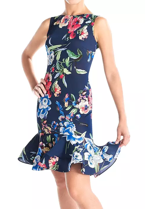 Victoria Blitz SORRENTO Navy Blue Floral Latin Practice Dress with Boat Neck and Horsehair Hem - Size S