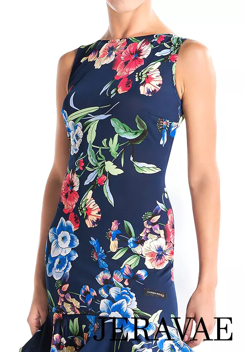 Victoria Blitz SORRENTO Navy Blue Floral Latin Practice Dress with Boat Neck and Horsehair Hem - Size S