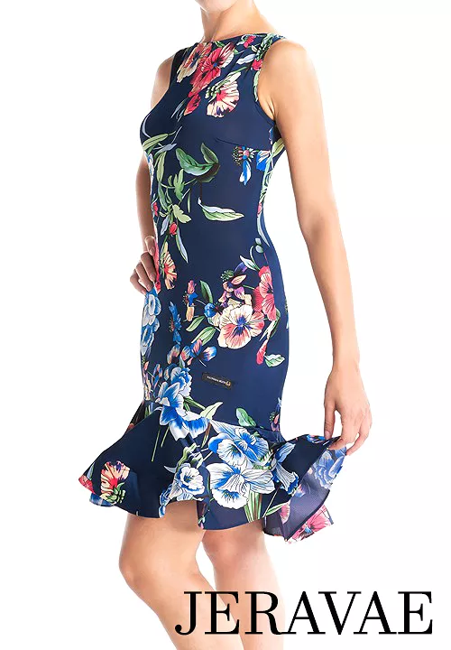 Victoria Blitz SORRENTO Navy Blue Floral Latin Practice Dress with Boat Neck and Horsehair Hem - Size S