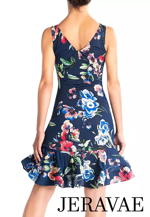 Victoria Blitz SORRENTO Navy Blue Floral Latin Practice Dress with Boat Neck and Horsehair Hem - Size S