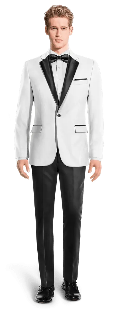 White broken blazer with essential black lapel and black pants.