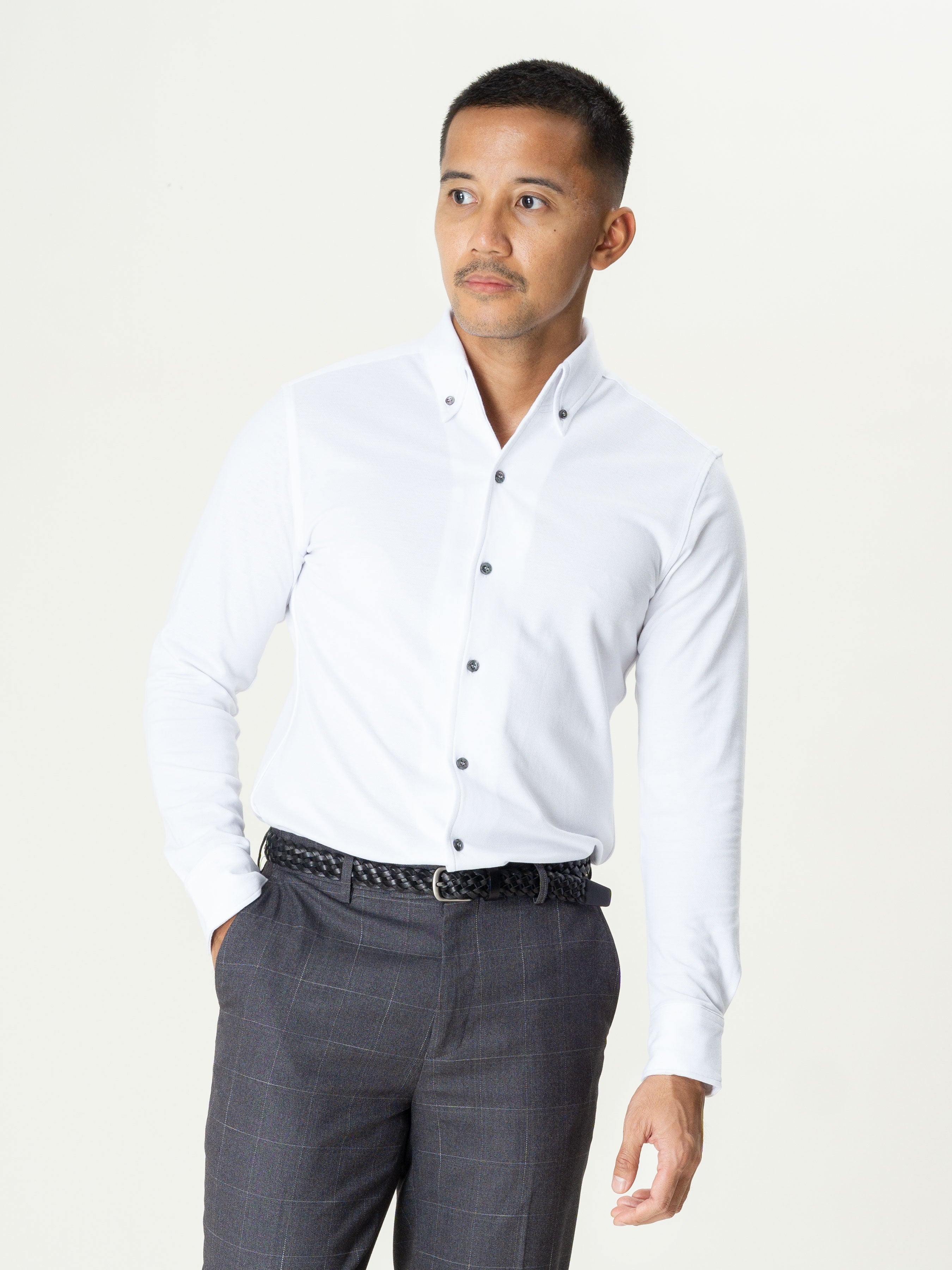 White Button Down Long Sleeve Polo Shirt.