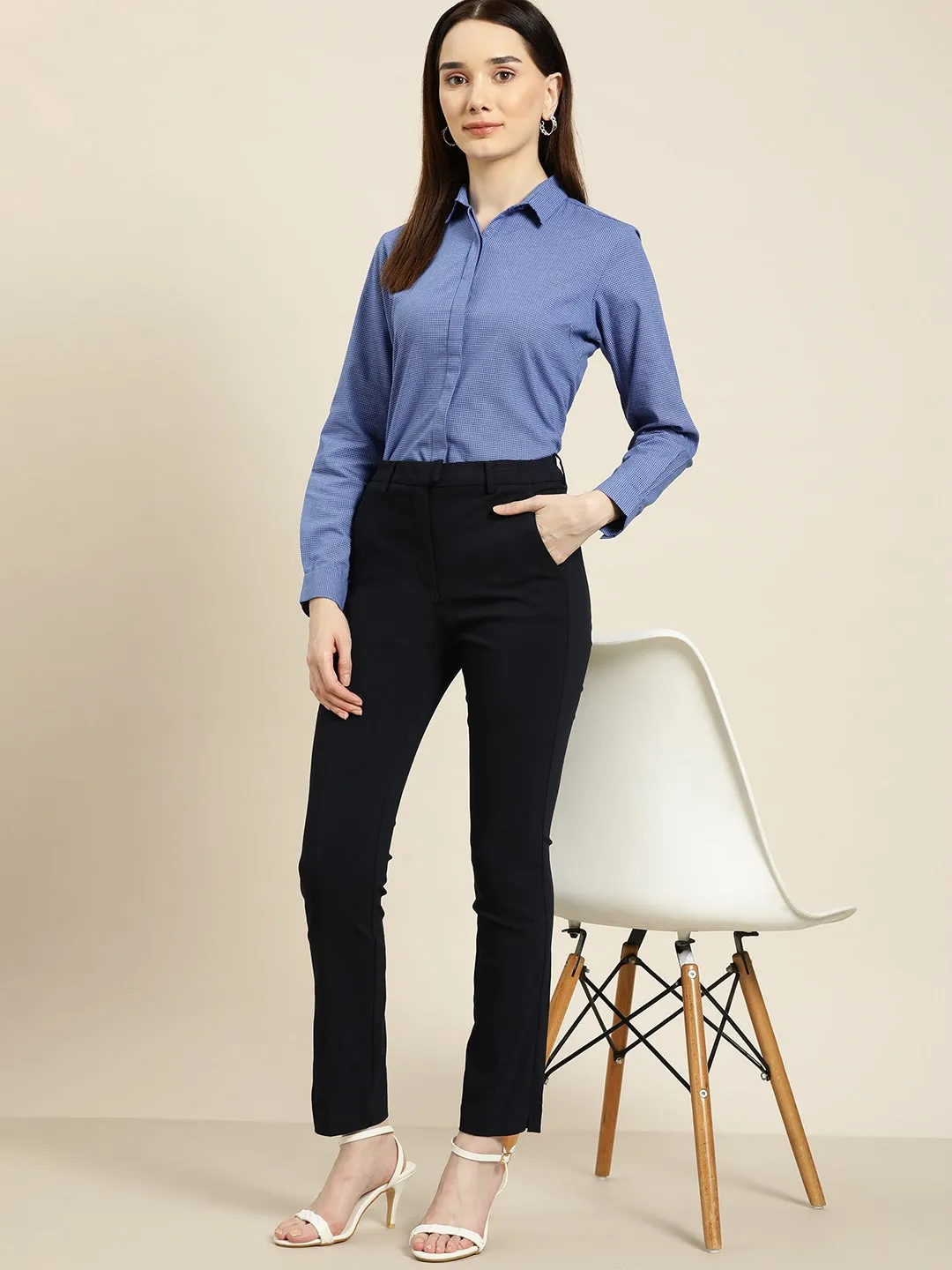 Blue Checks Slim Fit Formal Shirt for Women in Pure Cotton