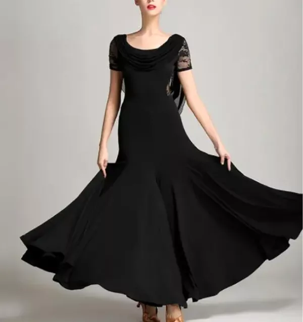 Women's Ballroom Dance Dress with Short Lace Sleeves and Draped Mesh Neckline (PRA 1079) - Sale - Best Price