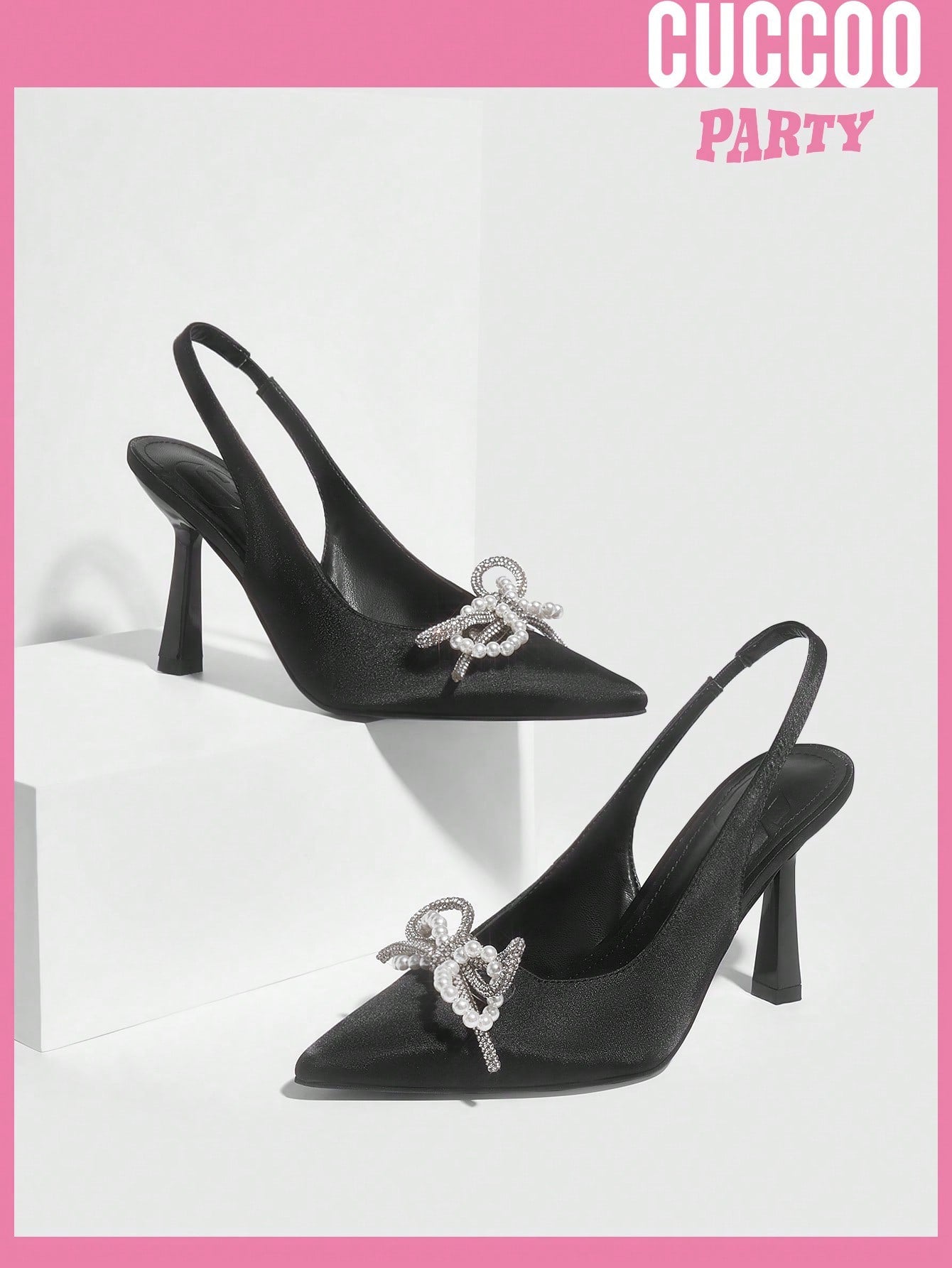 Women's fashionable black high heel pumps embellished with bowknot, beads, and flowers, ideal for weddings and Valentine's Day.